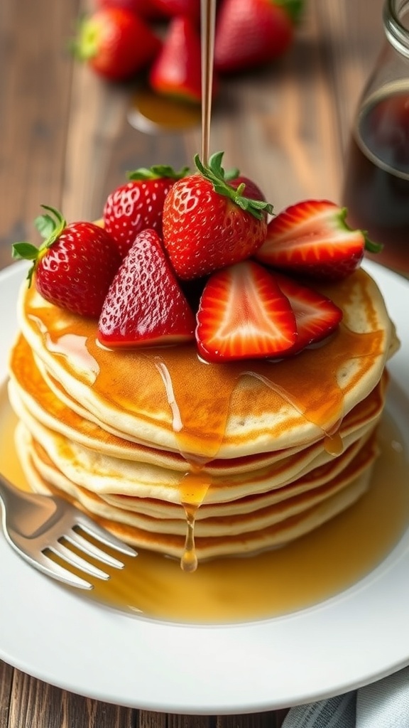 Pancake Recipe for Breakfast Fluffy pancakes topped with strawberries and maple syrup on a rustic table.